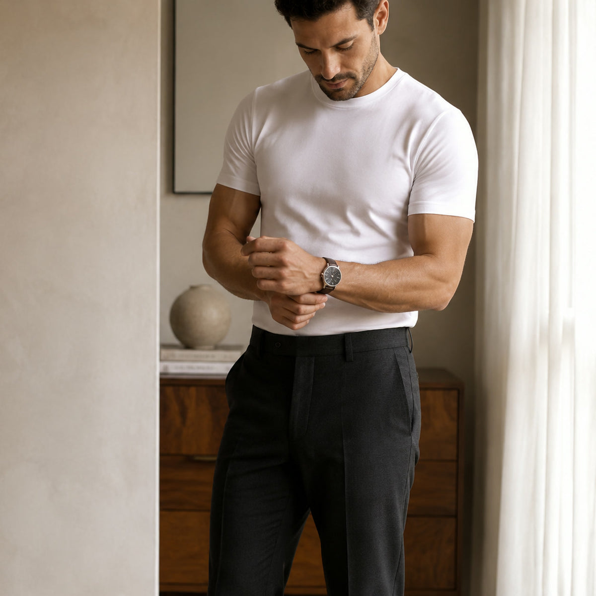 PAKMAN Confidence Boxer Brief worn under tailored trousers, showing a smooth clean line