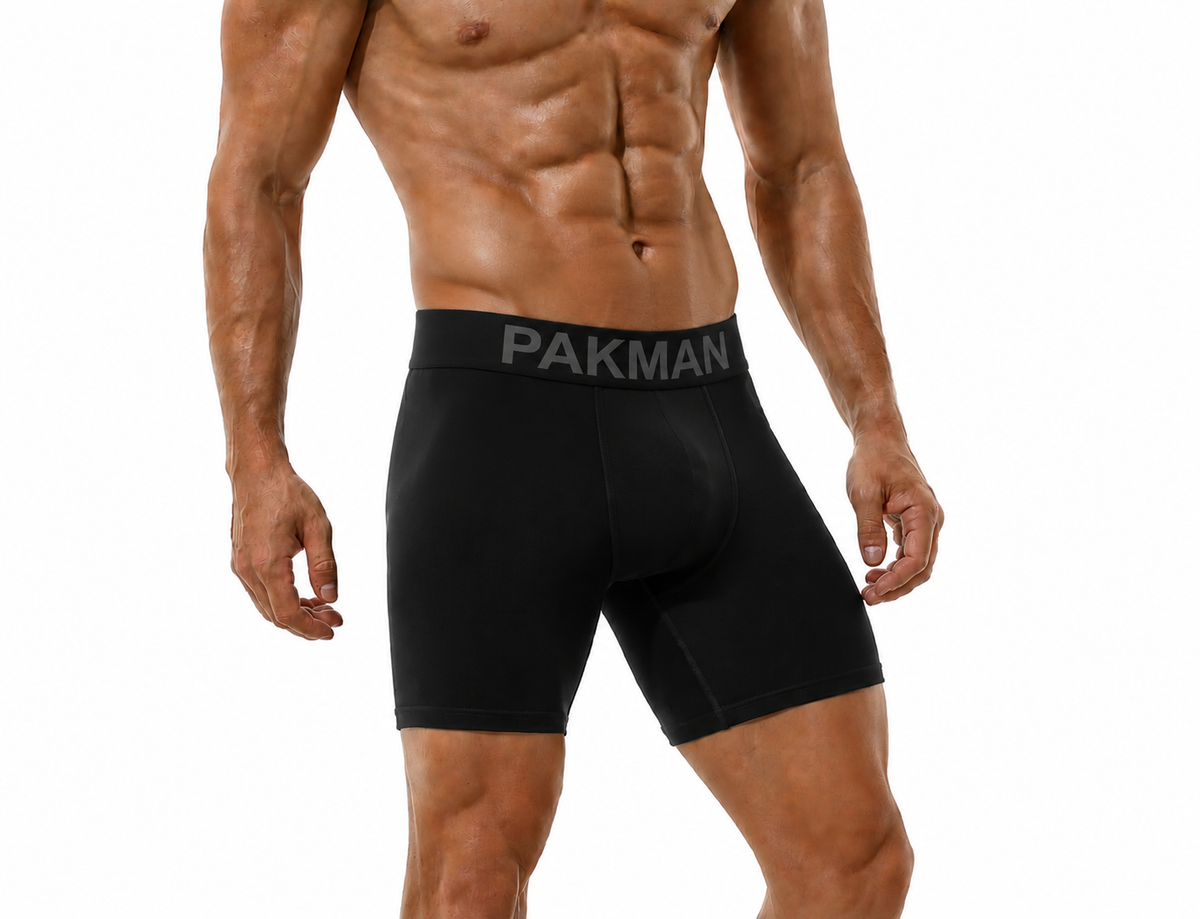 PAKMAN Performance Boxer Brief in black, three-quarter view on model