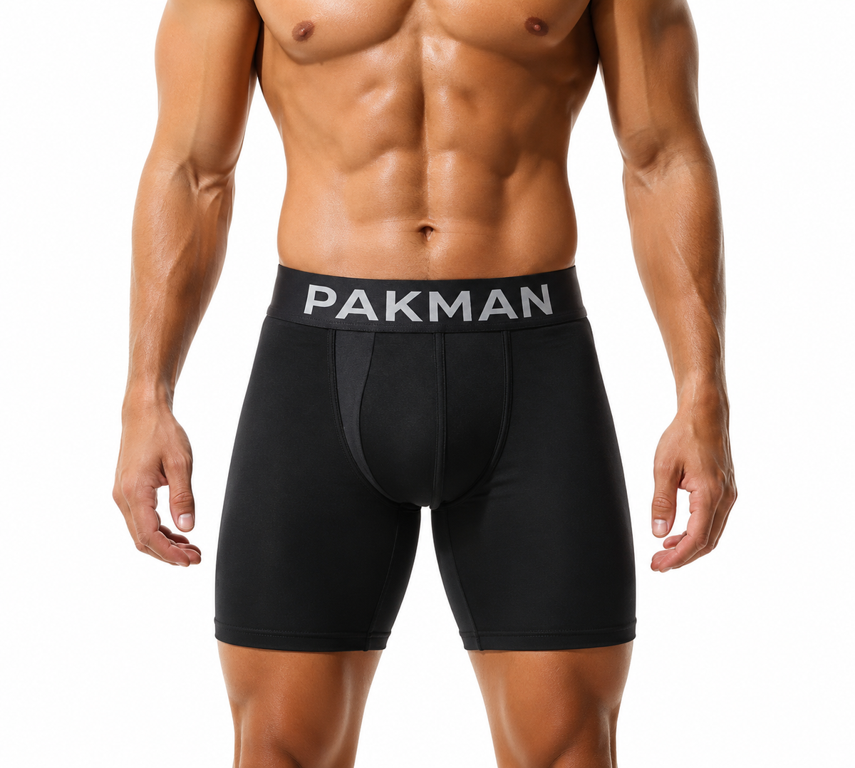 PAKMAN Performance Boxer Brief in black, front view on model